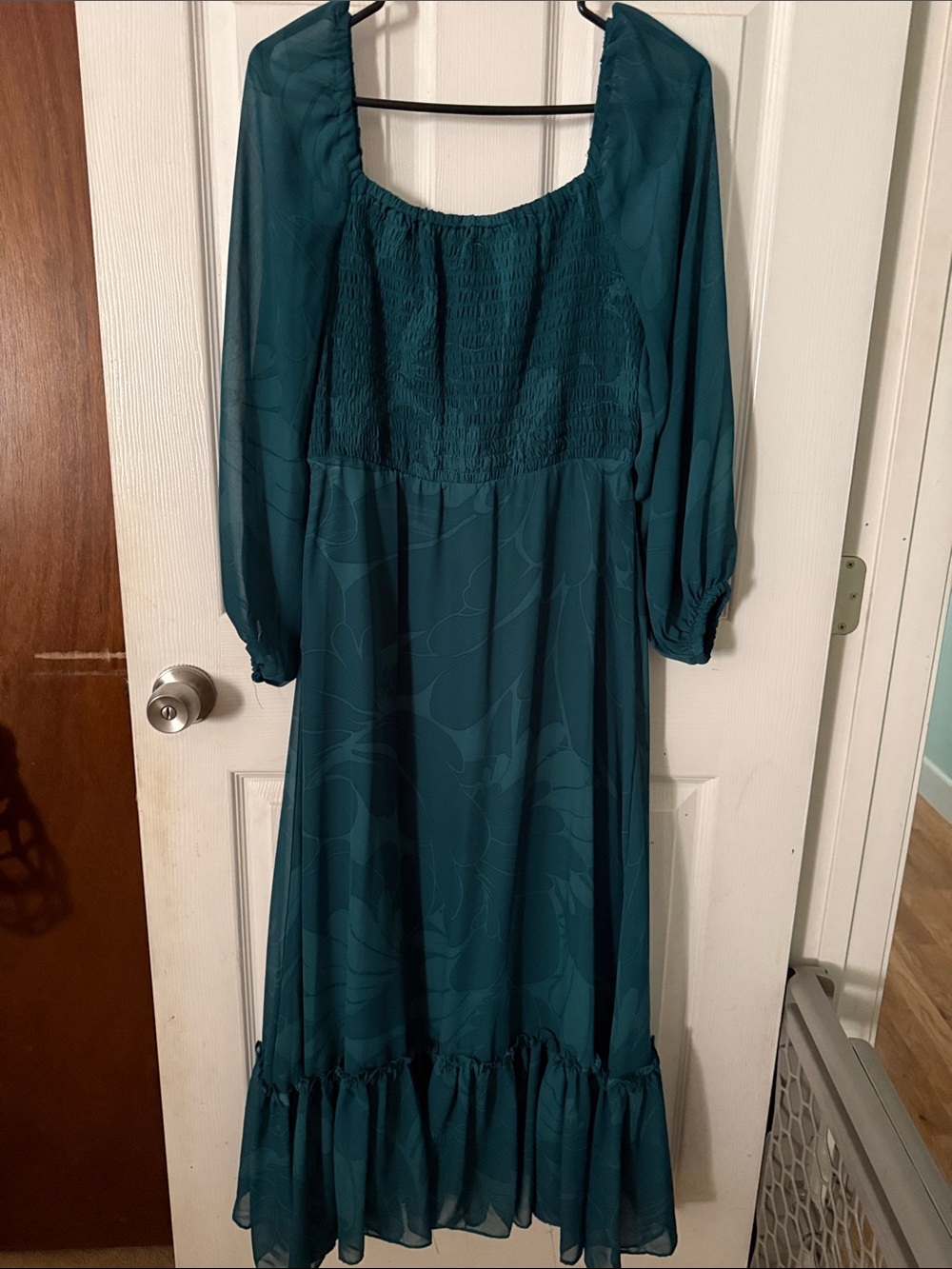 Teal Long Sleeve Smocked Bodice Maxi Dress